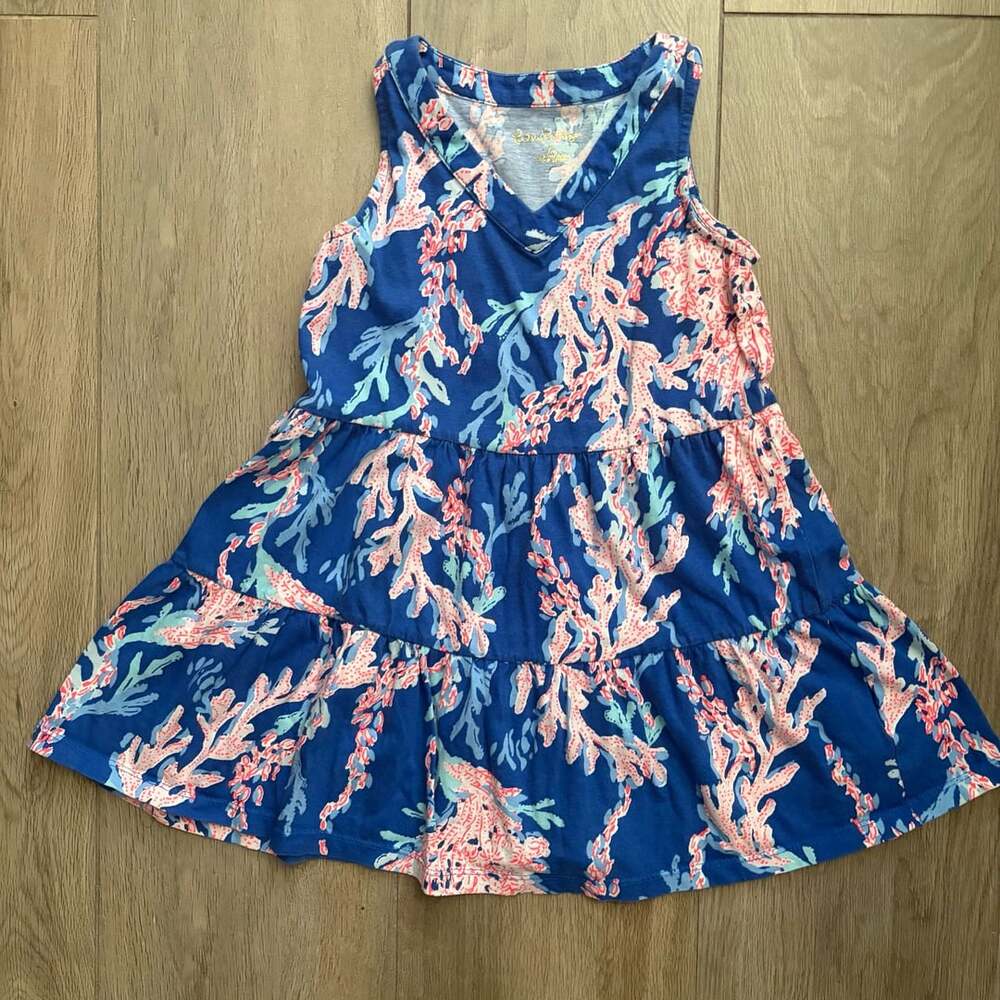 Lilly Pulitzer Girls Mini Lorina Dress Size 4-5 Blue Coral Print Sleeveless